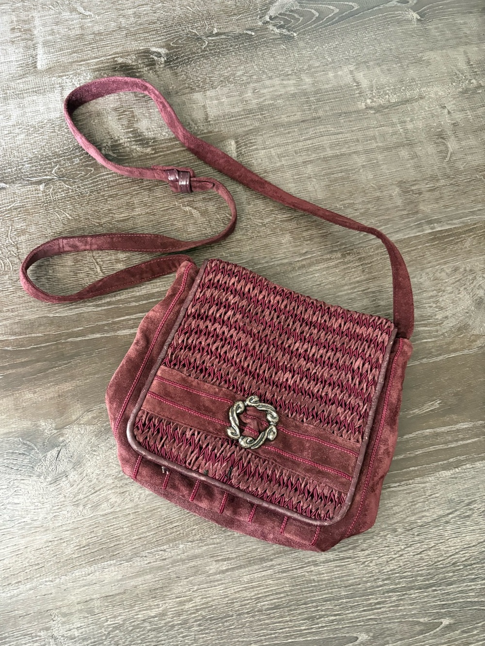 Vintage Sharif Woven Suede Crossbody Bag in Deep Burgundy